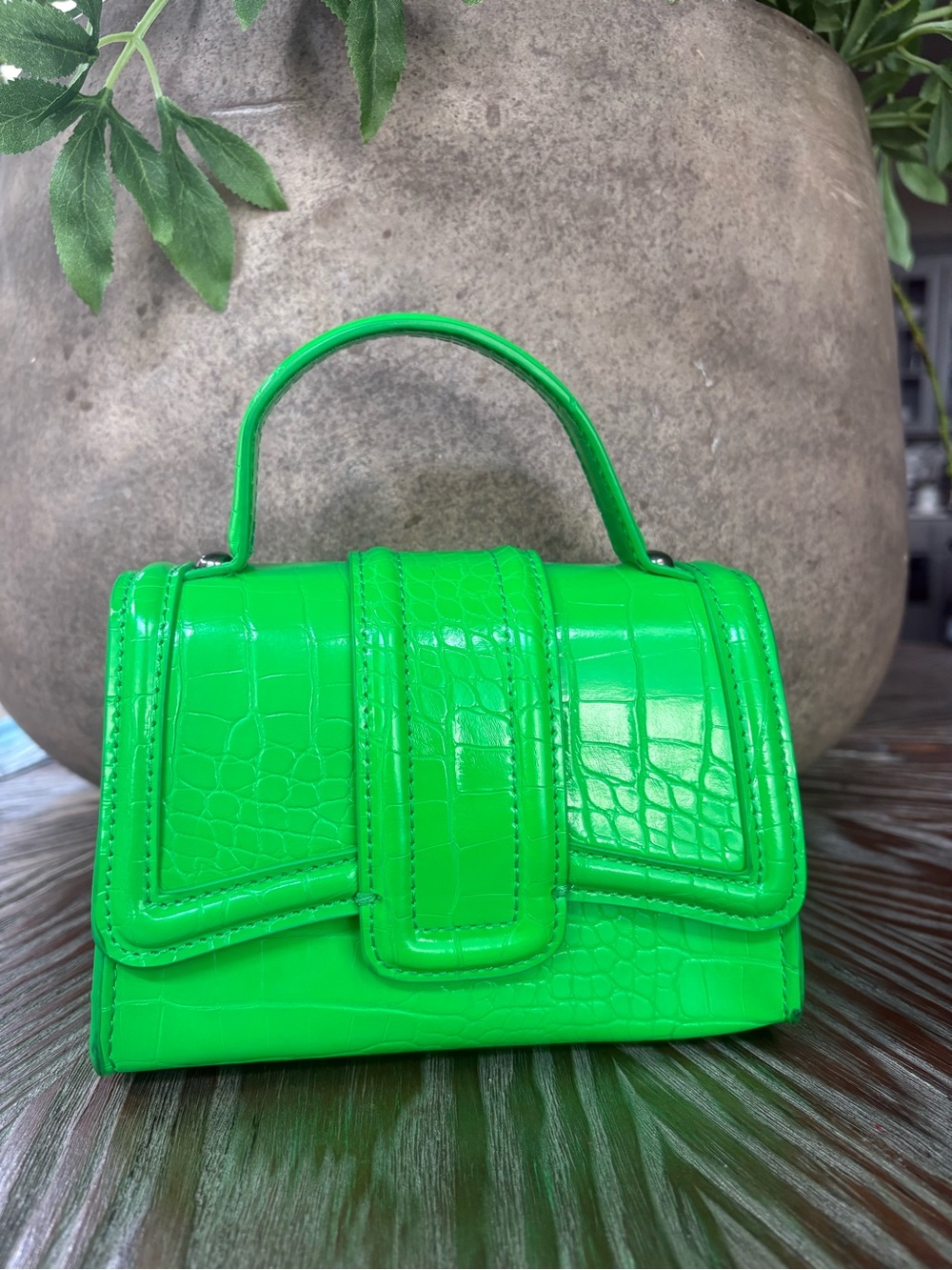 Zara Neon Green Croc-Embossed Mini Top-Handle Bag